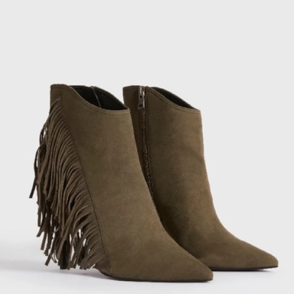 #334 All Saints Suede Izzy Fringe Boots in Khaki